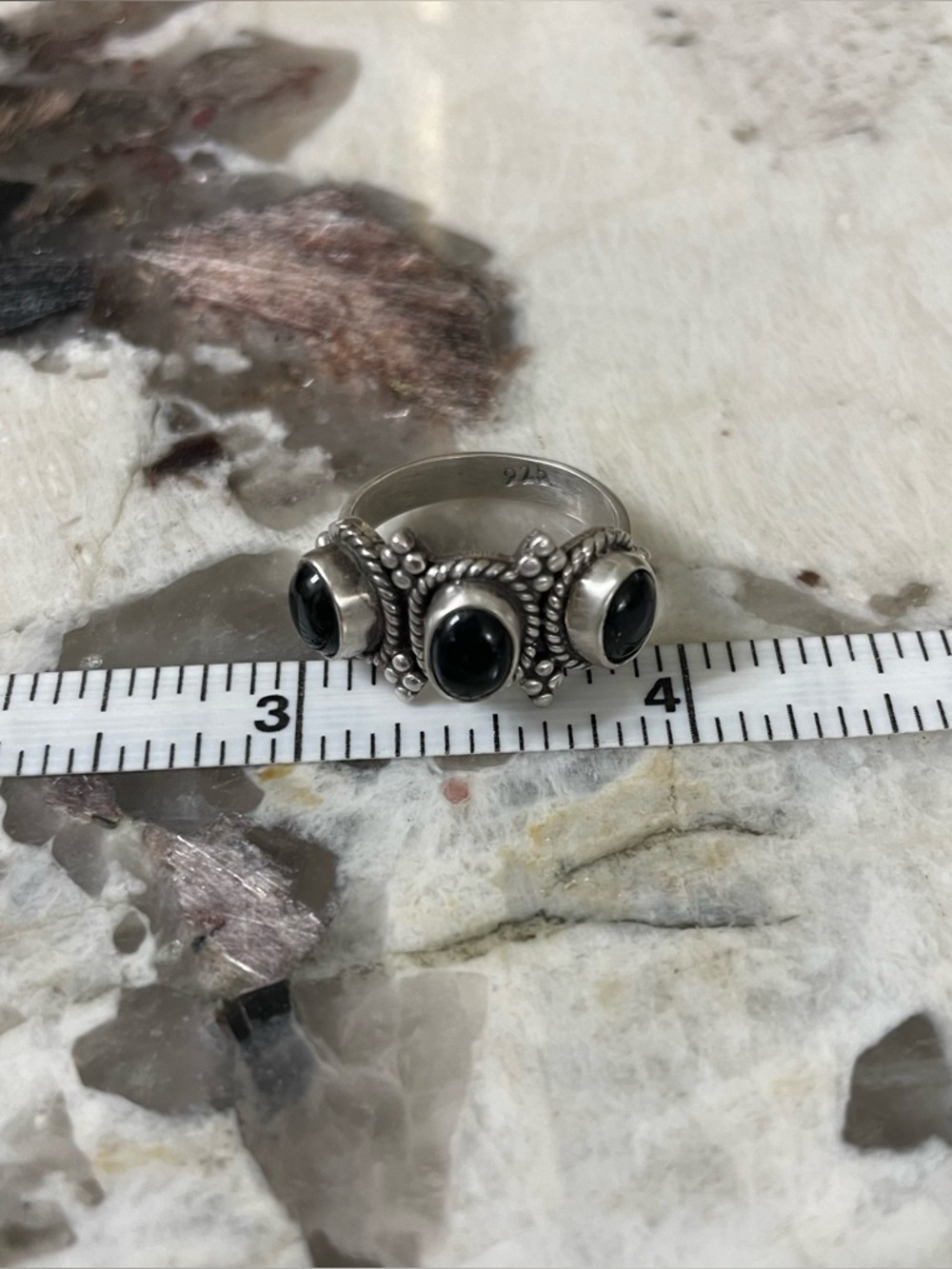 Sterling Silver 925 Southwestern Style Black Onyx Triple Stone Ring Size 7 - Picture 10 of 10